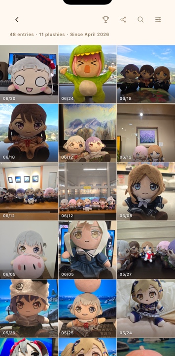 The NuiDiary memories screen filled with days shared with plushies