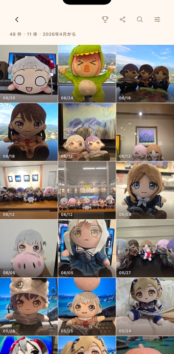 ぬいとの日々が並ぶ、ぬい日記の思い出画面